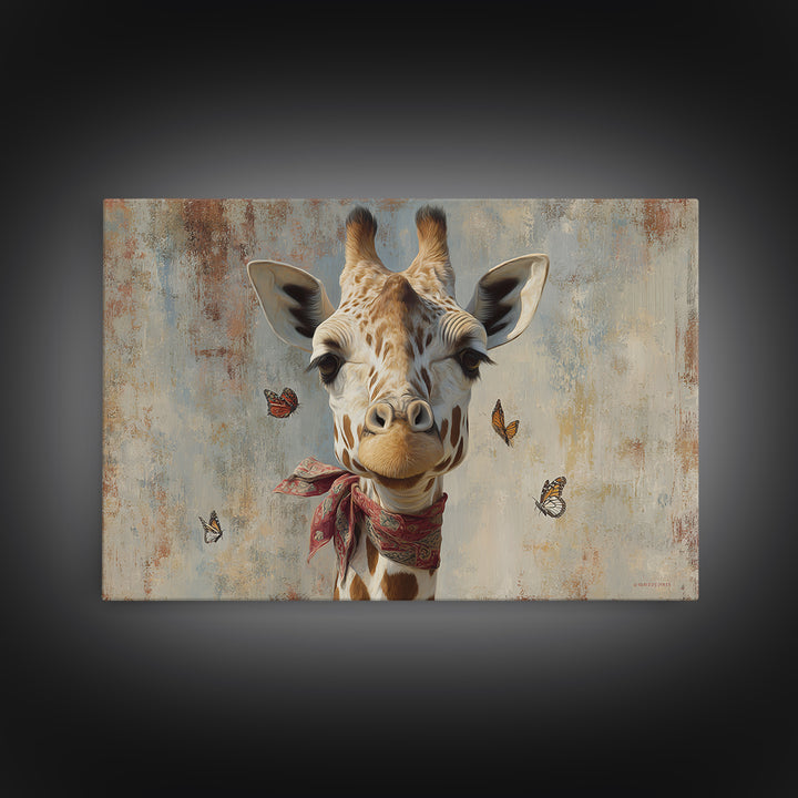 Giraffe with Scarf and Butterflies Framed Canvas Print, Whimsical Art, Framed Wall Art, Living Room Decor, Fine Art, Wonder, WHI-3x2-14