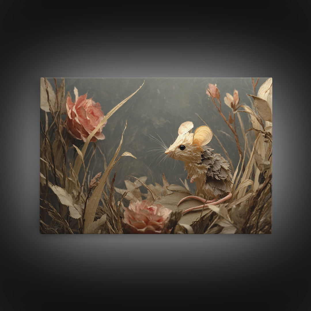 Mouse Ballerina in a Rose Garden Framed Canvas Print, Whimsical Art, Abstract Wall Art, Living Room Decor, Watercolor Art, WHI-3x2-15