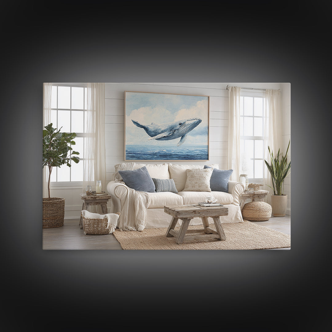 Whale Flying Through Clouds Like Ocean Canvas Print, Whimsical Art, Nursery Wall Decor, Living Room Decor, Fine Art, Wonder, WHI-3x2-17