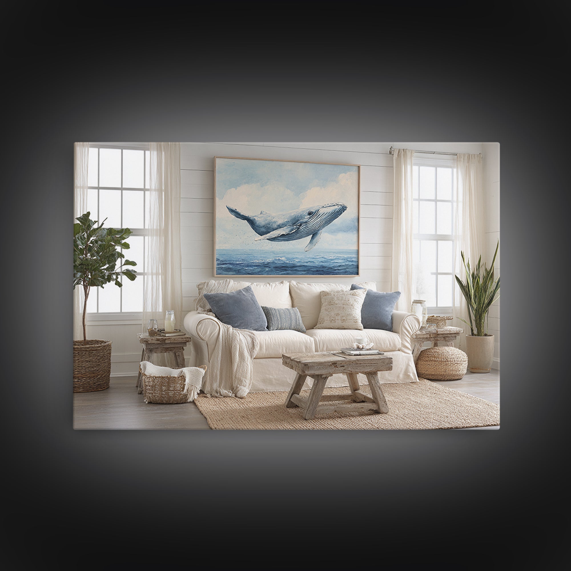 Whale Flying Through Clouds Like Ocean Canvas Print, Whimsical Art, Nursery Wall Decor, Living Room Decor, Fine Art, Wonder, WHI-3x2-17