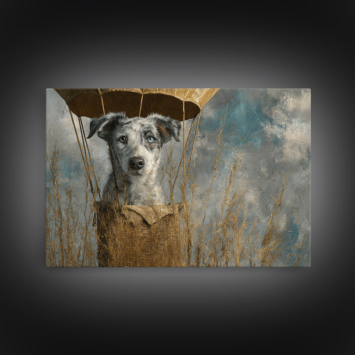 Dog in a Hot Air Balloon Framed Canvas Print, Whimsical Art, Digital Print, Living Room Decor, Fine Art, Wonder, Bird Art, WHI-3x2-18