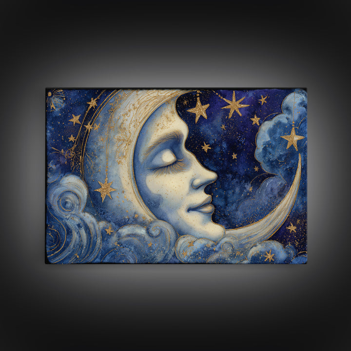 Moon with Sleeping Face and Dangling Stars Canvas Print, Whimsical Art, Nursery Wall Decor, Living Room Decor, Wonder, WHI-3x2-20