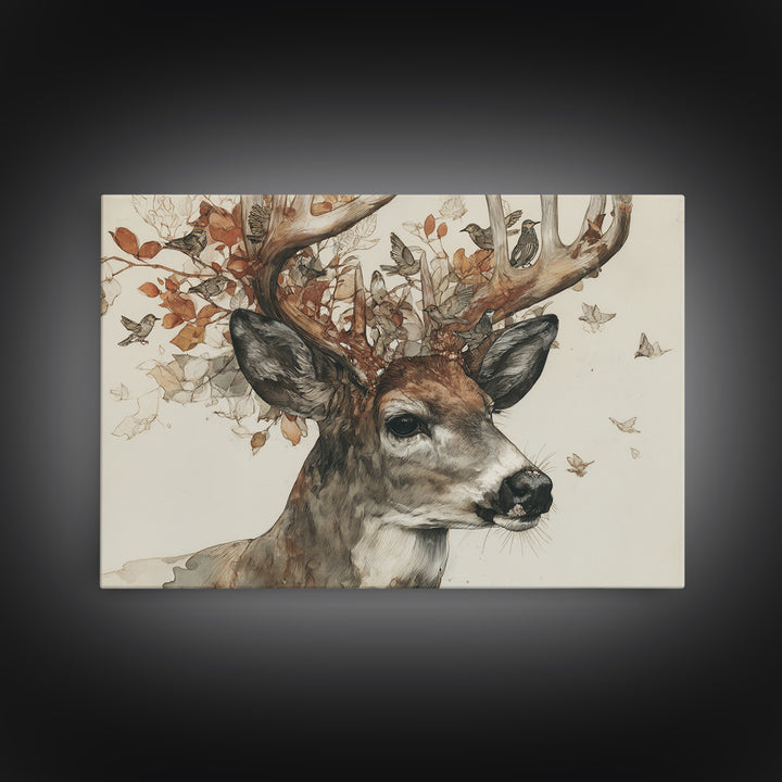 Deer with Antlers Full of Birds Framed Canvas Print, Whimsical Art, Nursery Art, Living Room Decor, Fine Art, Wonder, WHI-3x2-23