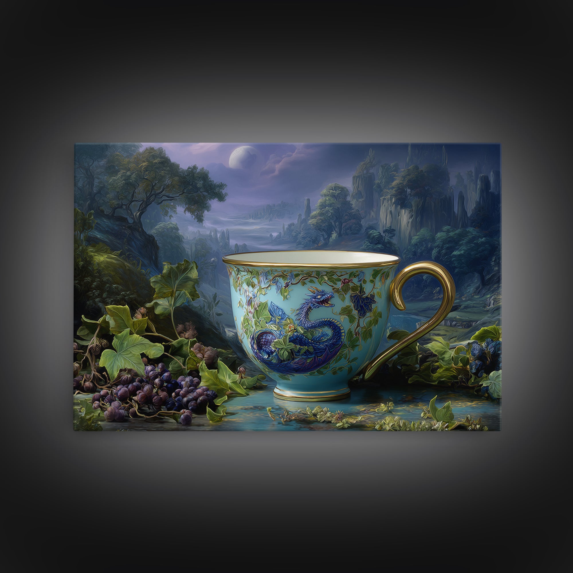 Dragon Curled Around a Teacup Framed Canvas Print, Whimsical Art, Dark Academia Decor, Living Room Decor, Fine Art, Wonder, WHI-3x2-28