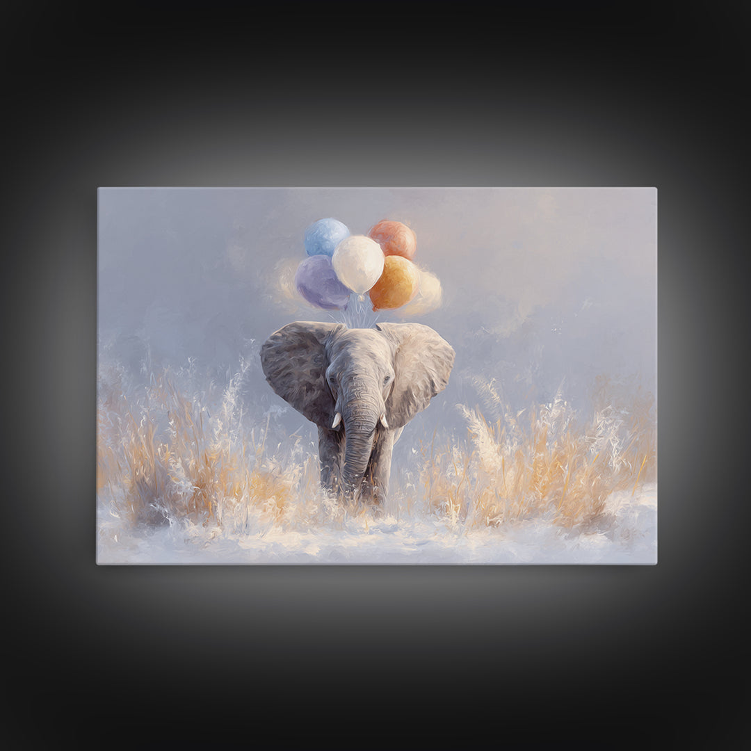 Elephant Holding Balloons Framed Canvas Print, Whimsical Art, Statement Artwork, Living Room Decor, Fine Art, Wonder, WHI-3x2-31