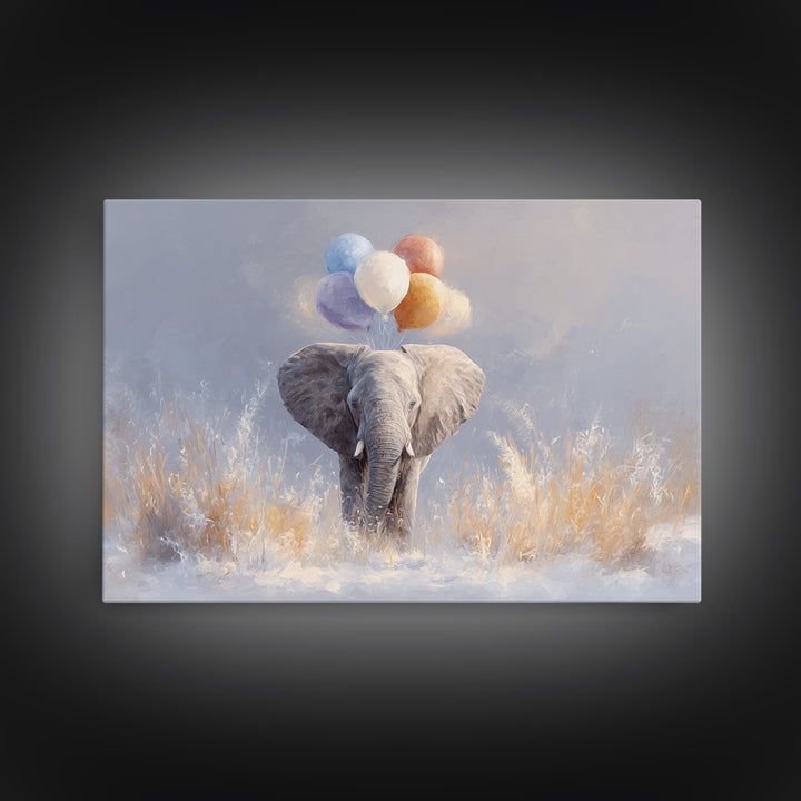 Elephant Holding Balloons Framed Canvas Print, Whimsical Art, Statement Artwork, Living Room Decor, Fine Art, Wonder, WHI-3x2-31