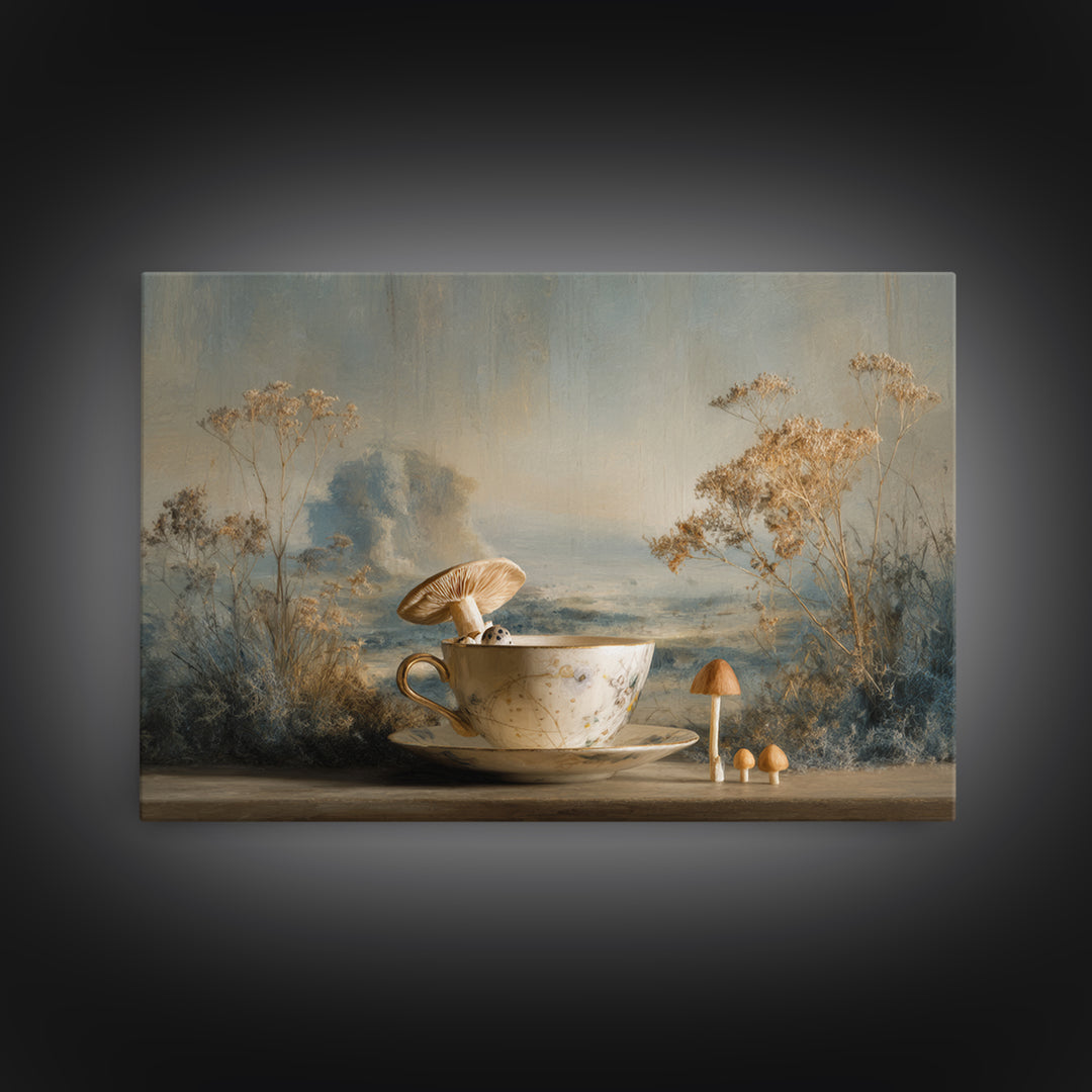 Teacup Garden with Tiny Mushrooms Canvas Print, Whimsical Art, Nursery Art, Living Room Decor, Oil Painting, Wonder, WHI-3x2-32