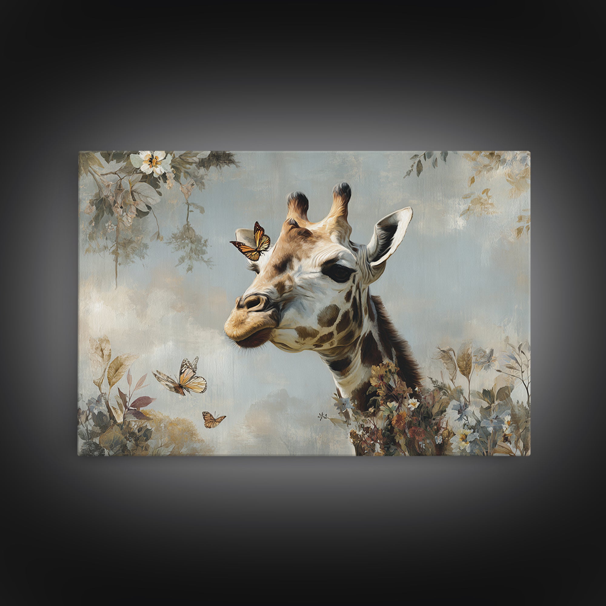 Giraffe with Scarf and Butterflies Canvas Print, Whimsical Art, Living Room Decor, Wonder, Gallery Decor, Neutral Decor, WHI-3x2-38