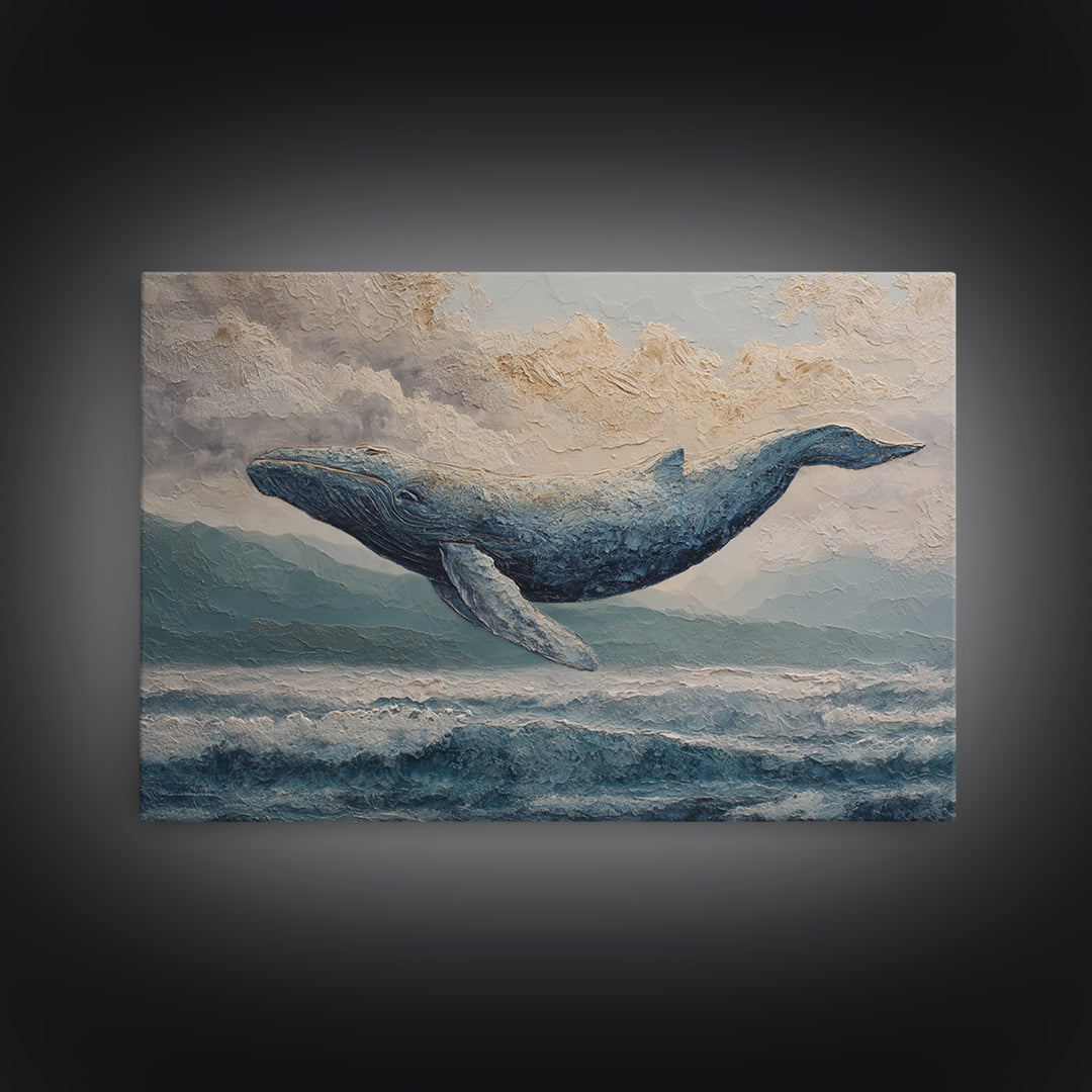 Whale Flying Through Clouds Like Ocean Framed Canvas Print, Whimsical Art, Watercolor Art, Living Room Decor, Wonder, WHI-3x2-41