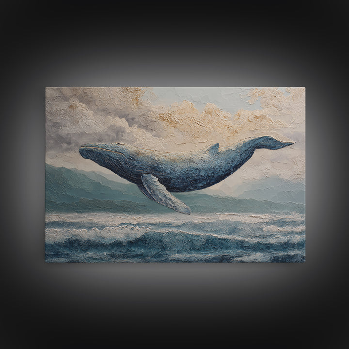 Whale Flying Through Clouds Like Ocean Framed Canvas Print, Whimsical Art, Watercolor Art, Living Room Decor, Wonder, WHI-3x2-41