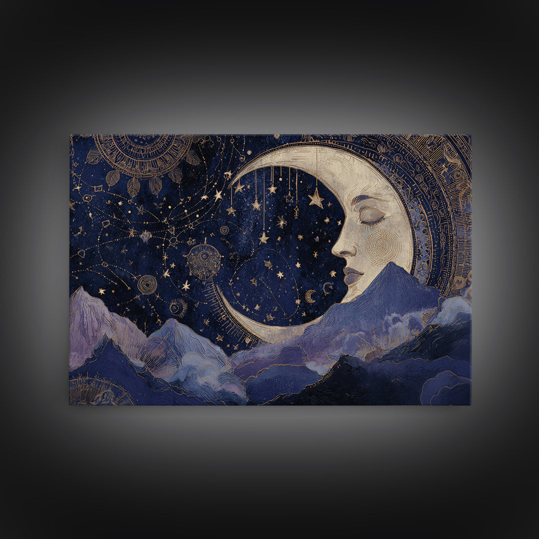 Moon with Sleeping Face and Dangling Stars Canvas Print, Whimsical Art, Watercolor Art, Living Room Decor, Fine Art, Wonder, WHI-3x2-44