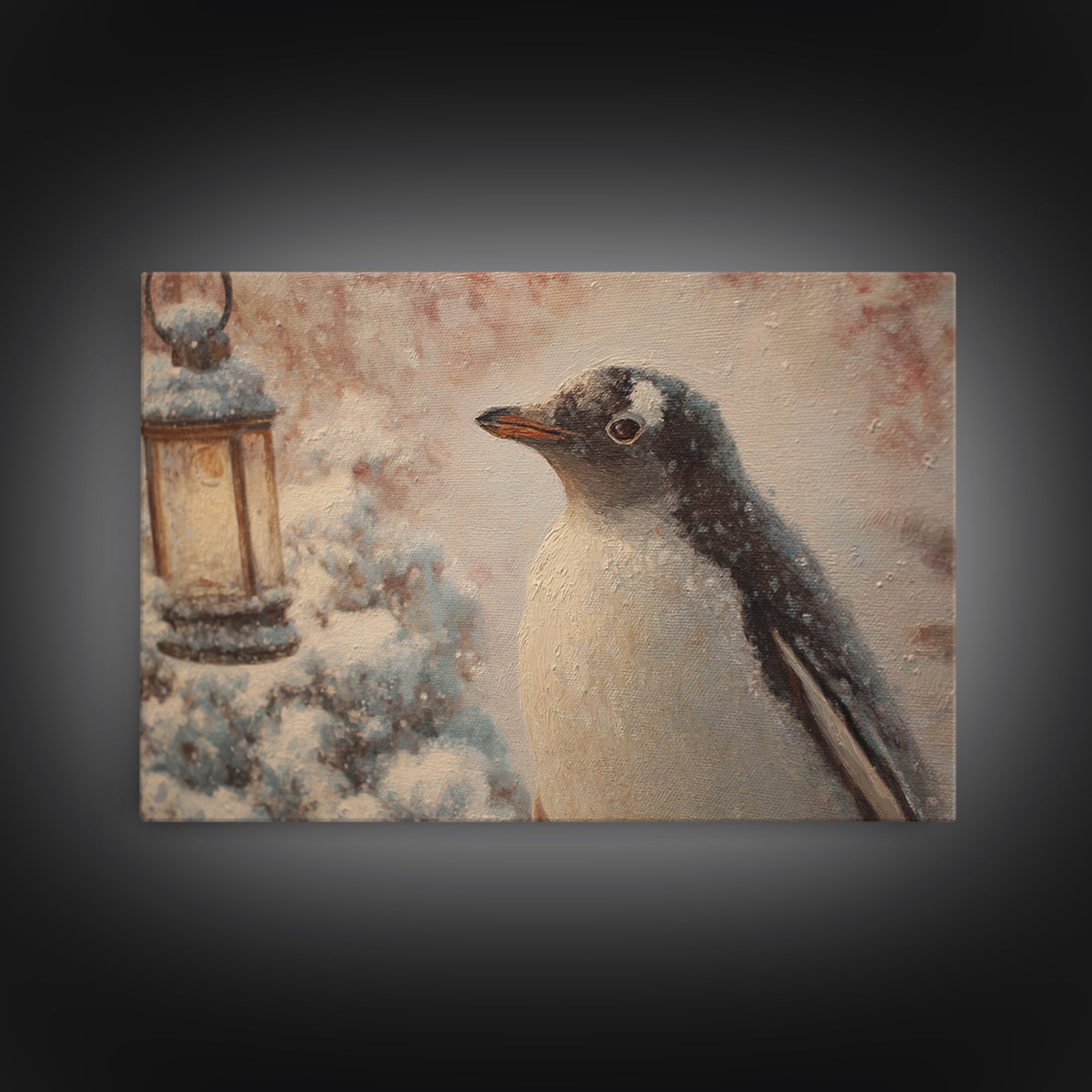 Penguin Holding a Lantern Framed Canvas Print, Whimsical Art, Gallery Decor, Living Room Decor, Fine Art, Wonder, Wall Art, WHI-3x2-45