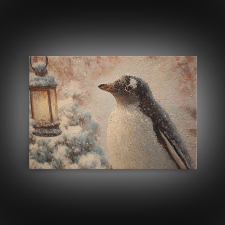 Penguin Holding a Lantern Framed Canvas Print, Whimsical Art, Gallery Decor, Living Room Decor, Fine Art, Wonder, Wall Art, WHI-3x2-45