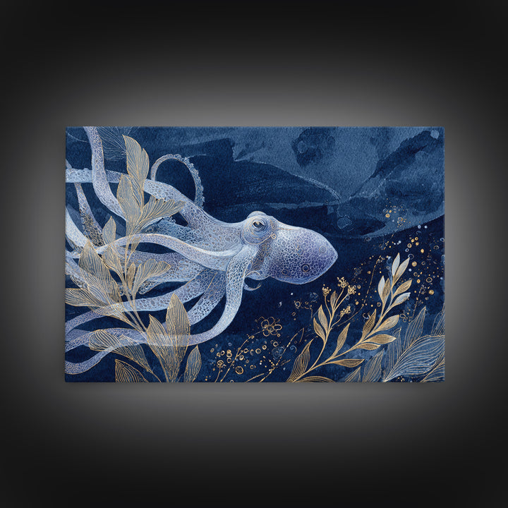 Octopus Conductor with Tiny Instruments Framed Canvas Print, Whimsical Art, Dark Academia Decor, Living Room Decor, Wonder, WHI-3x2-46