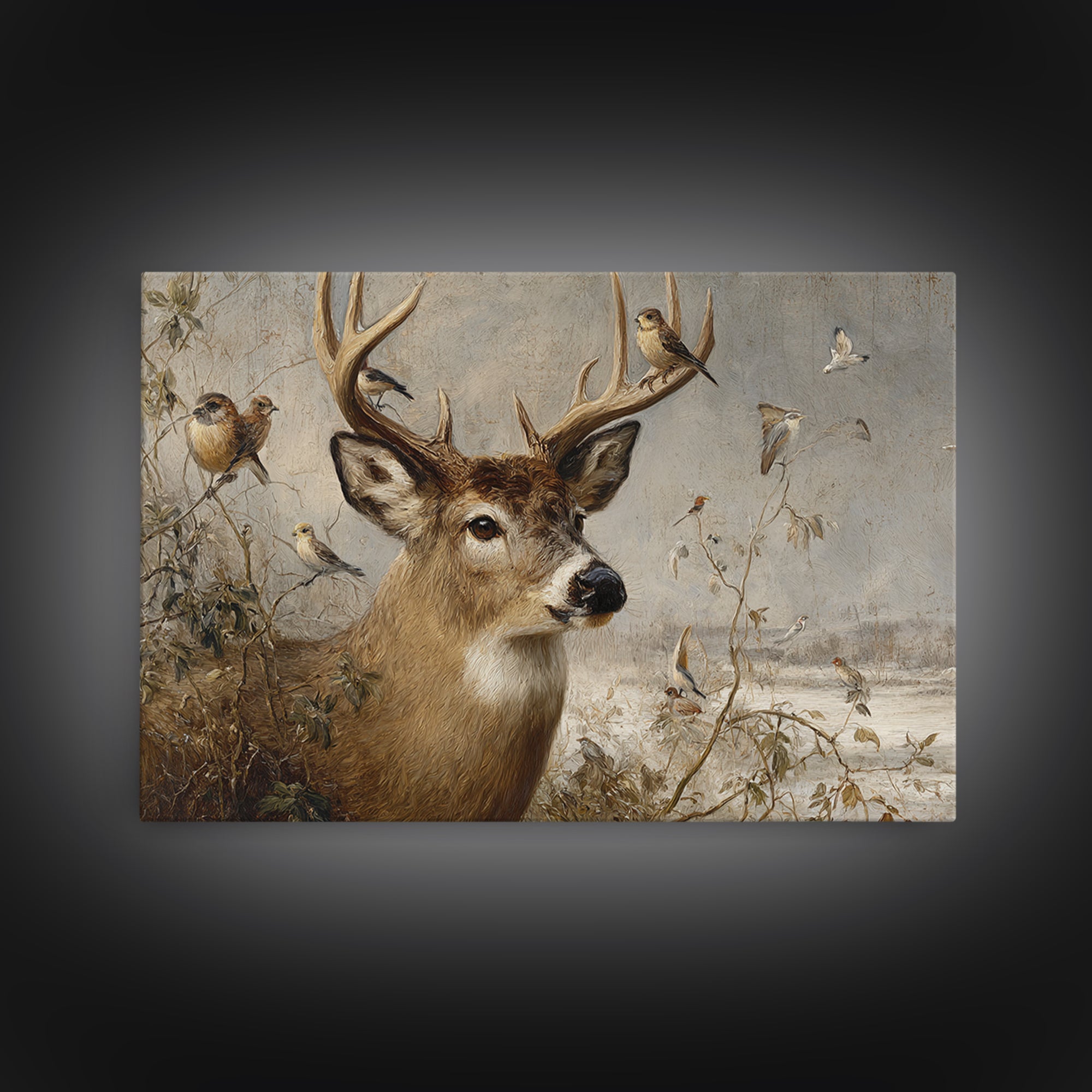 Deer with Antlers Full of Birds Framed Canvas Print, Whimsical Art, Printable Wall Art, Living Room Decor, Oil Painting, Wonder, WHI-3x2-47