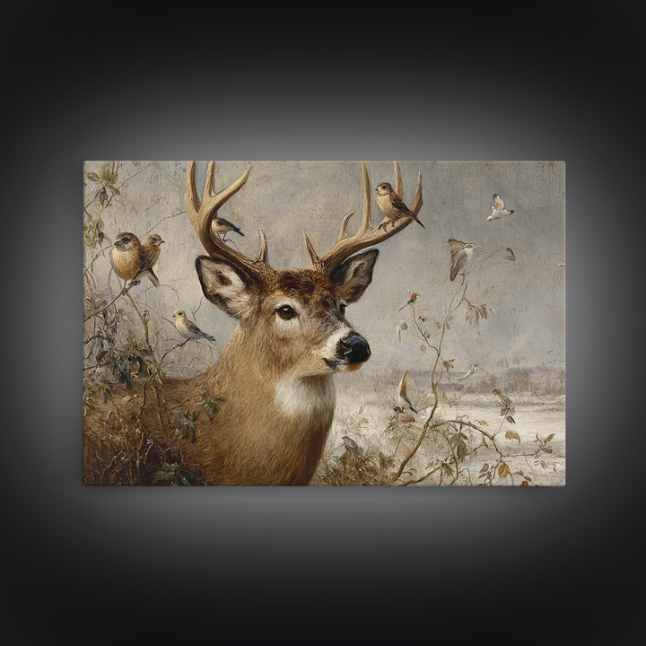 Deer with Antlers Full of Birds Framed Canvas Print, Whimsical Art, Printable Wall Art, Living Room Decor, Oil Painting, Wonder, WHI-3x2-47