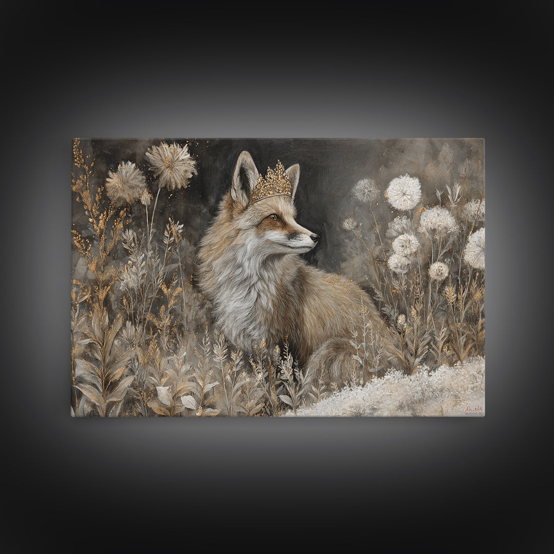 Fox Wearing a Tiny Crown Framed Canvas Print, Whimsical Art, Nursery Art, Living Room Decor, Oil Painting, Wonder, WHI-3x2-5
