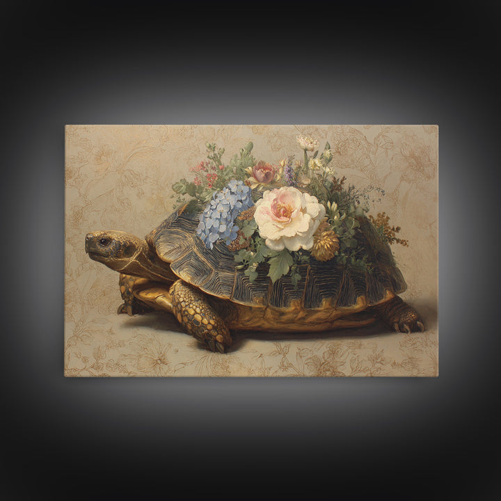 Turtle with Garden Growing on Shell Framed Canvas Print, Whimsical Art, Dopamine Decor, Living Room Decor, Fine Art, Wonder, WHI-3x2-50