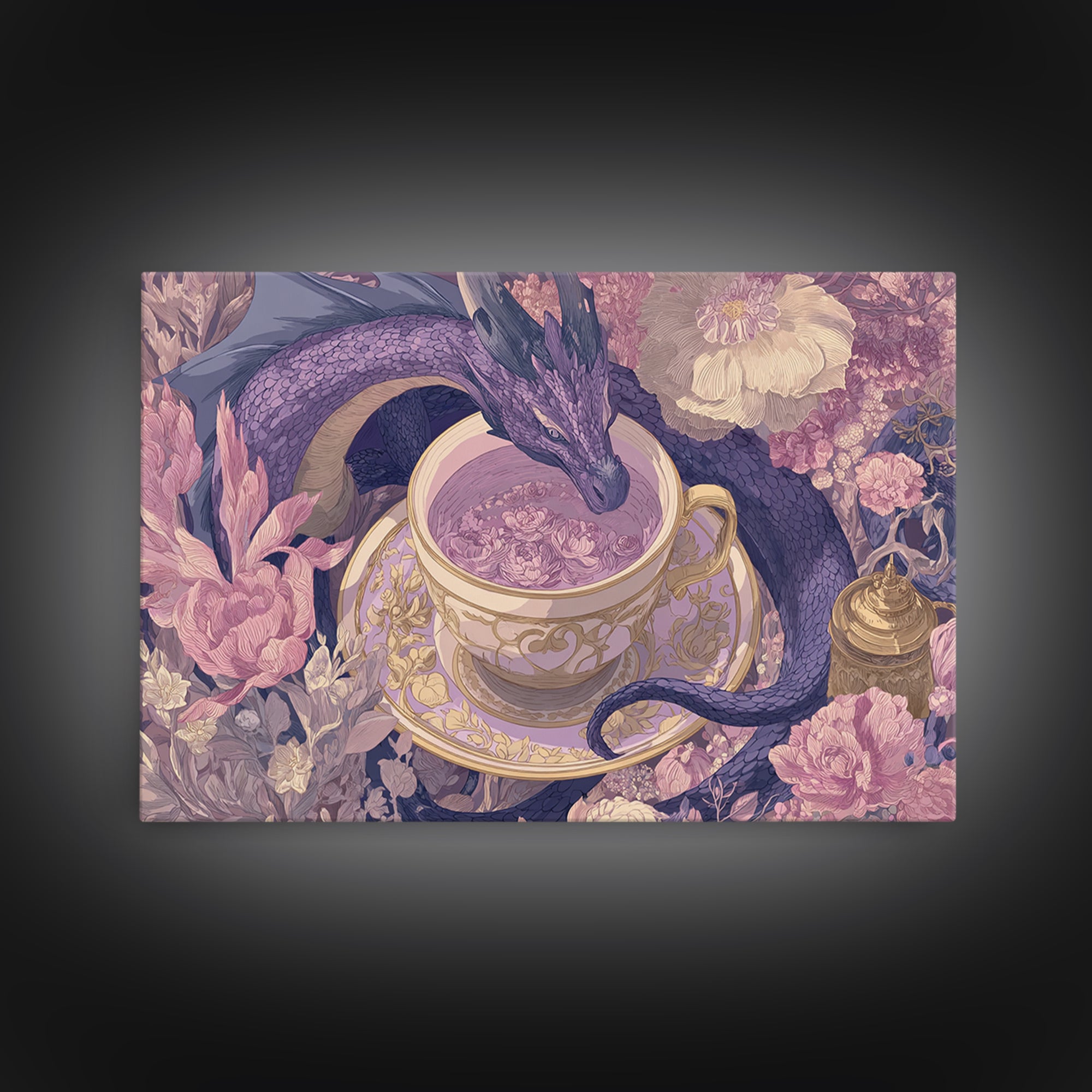 Dragon Curled Around a Teacup Canvas Print, Whimsical Art, Bird Art, Living Room Decor, Abstract Art, Wonder, Textured Painting, WHI-3x2-52