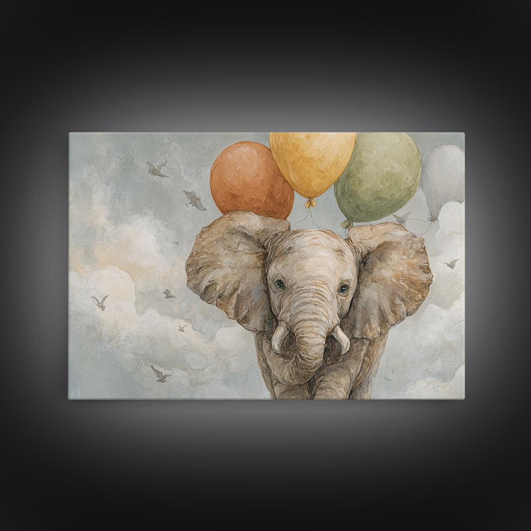 Elephant Holding Balloons Framed Canvas Print, Whimsical Art, Whimsical, Living Room Decor, Oil Painting, Wonder, Nursery Art, WHI-3x2-55
