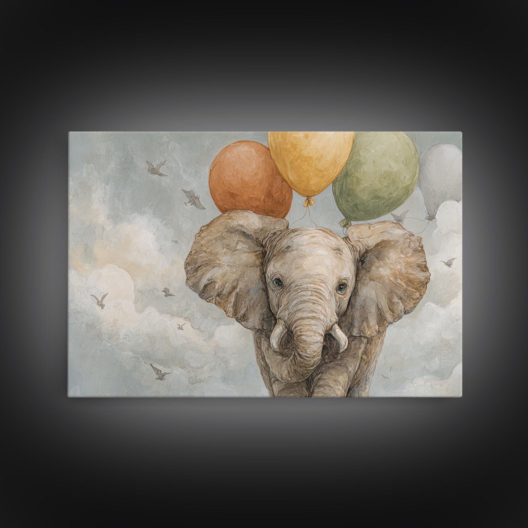 Elephant Holding Balloons Framed Canvas Print, Whimsical Art, Whimsical, Living Room Decor, Oil Painting, Wonder, Nursery Art, WHI-3x2-55