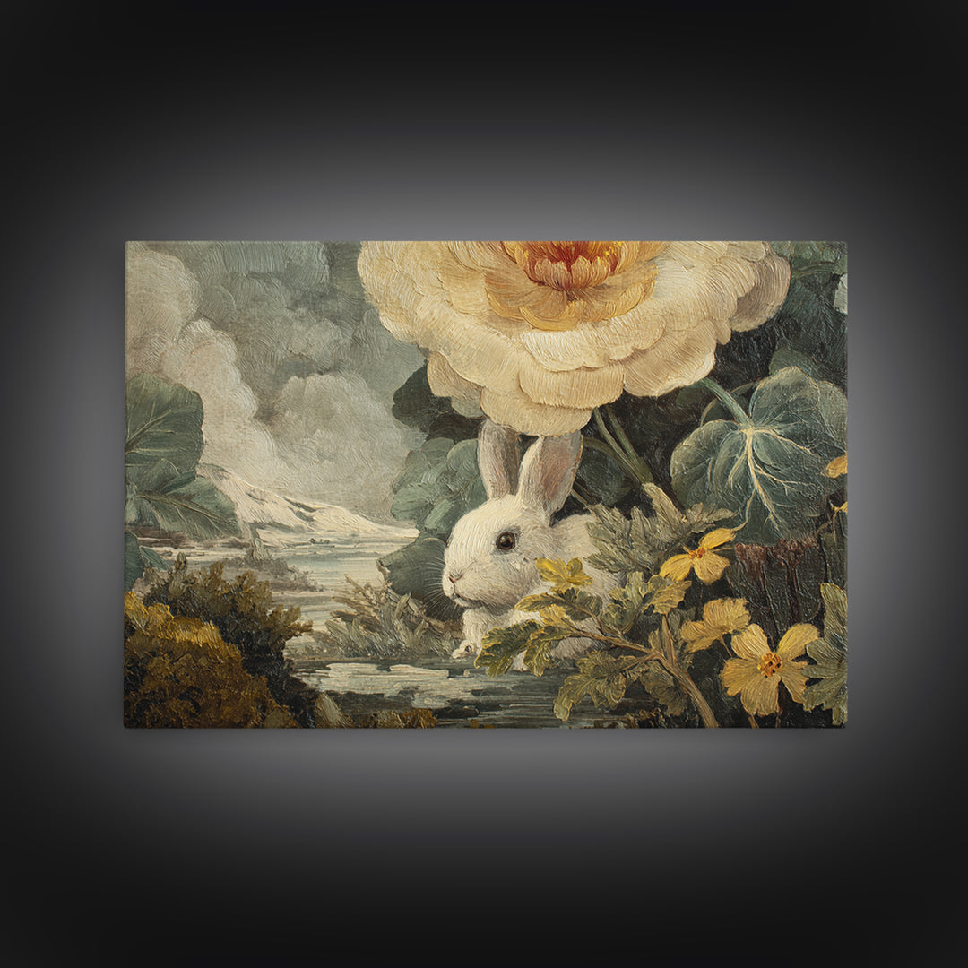 Rabbit Reading Beneath a Giant Flower Canvas Print, Whimsical Art, Cat Art, Living Room Decor, Watercolor Art, Wonder, WHI-3x2-57