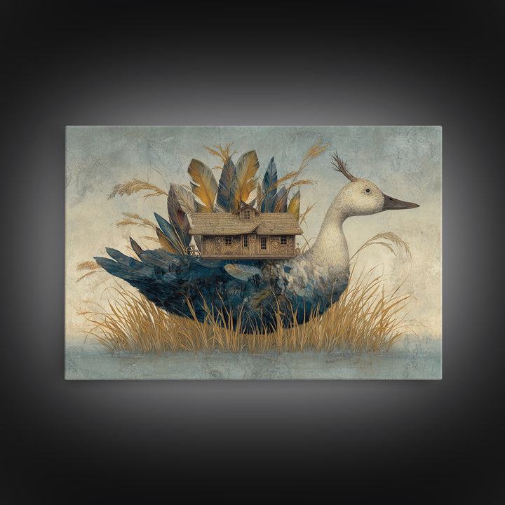 Floating House Carried by Colorful Birds Framed Canvas Print, Whimsical Art, Living Room Decor, Oil Painting, Wonder, WHI-3x2-59