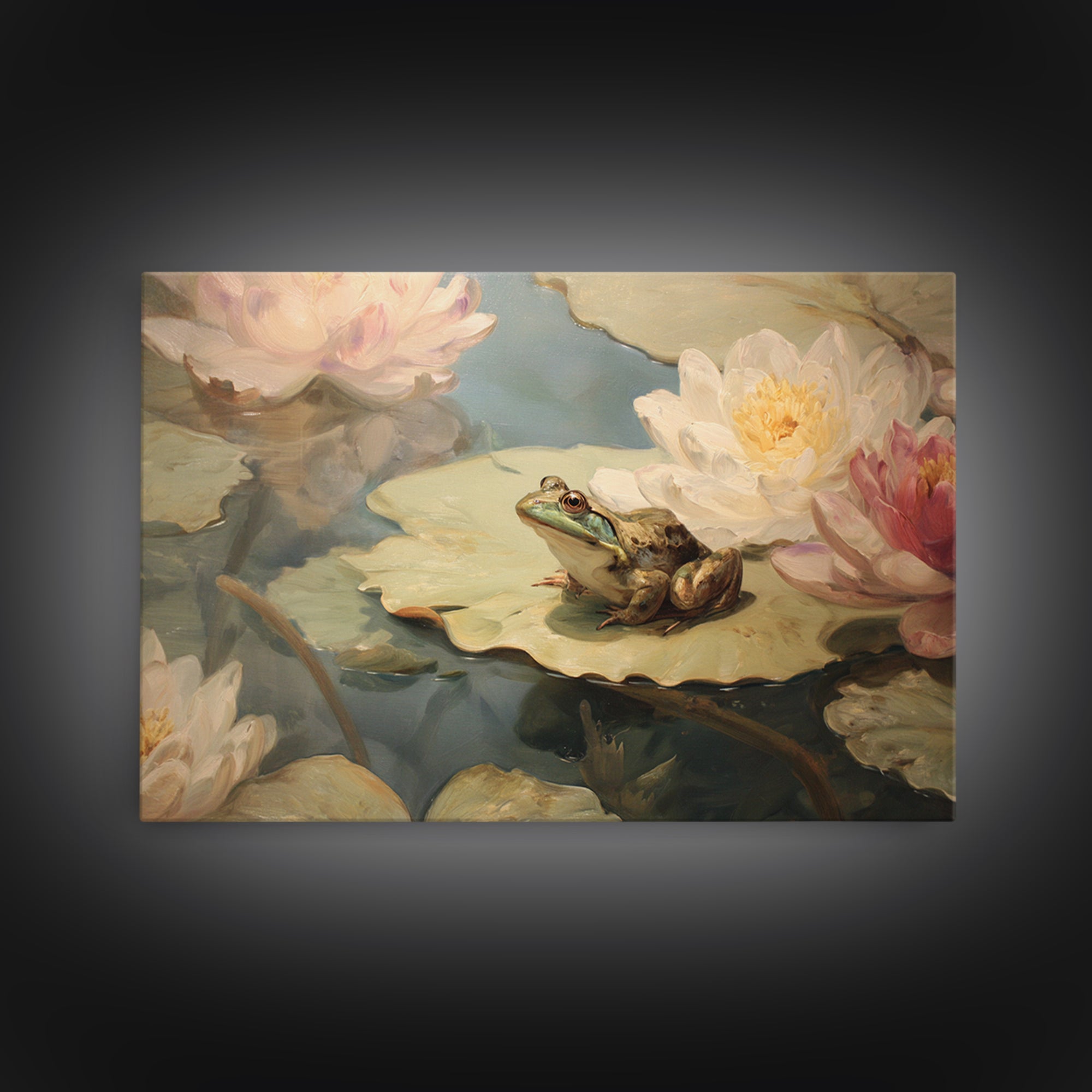 Frog Prince on a Lily Pad Framed Canvas Print, Whimsical Art, Textured Painting, Living Room Decor, Fine Art, Wonder, WHI-3x2-60