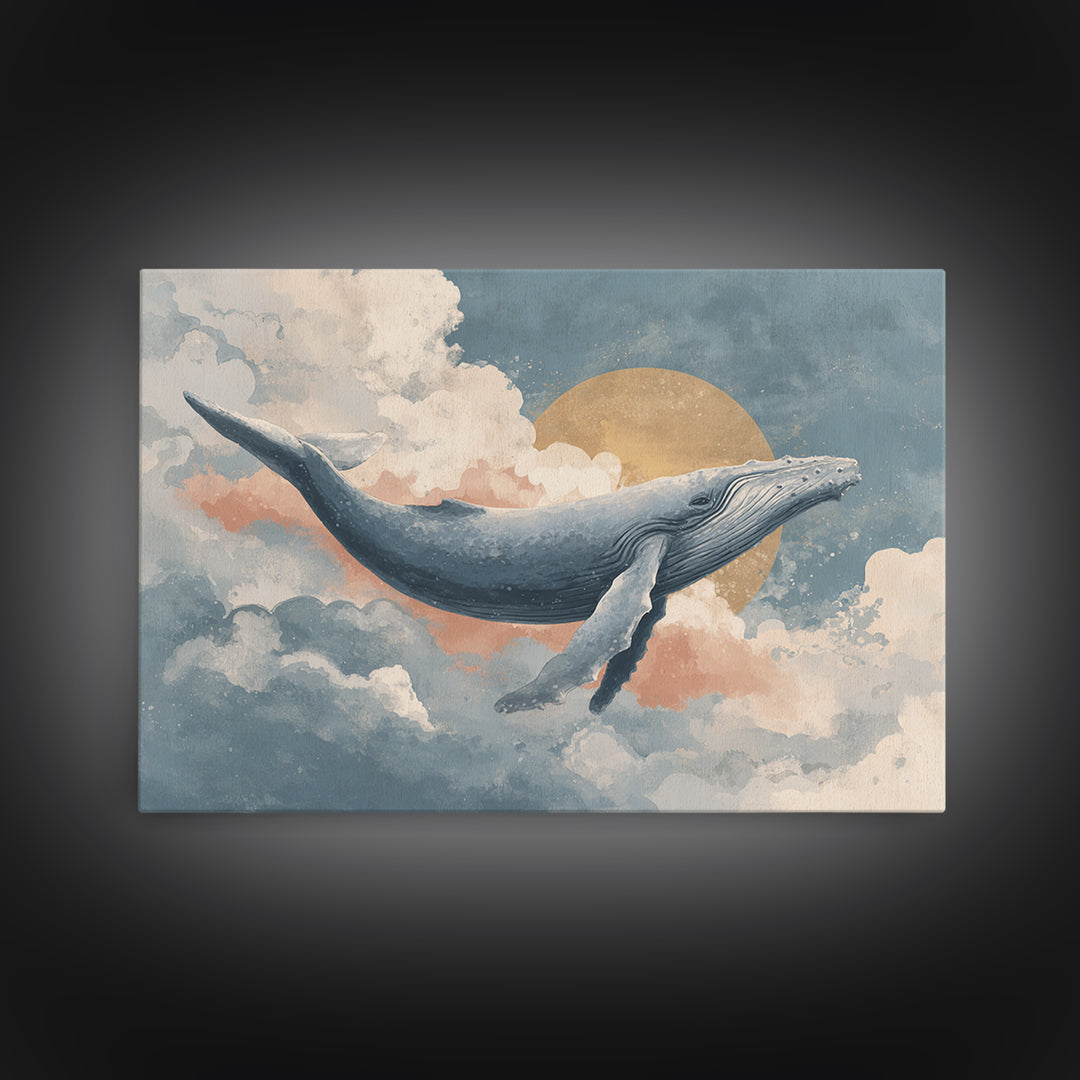 Whale Flying Through Clouds Like Ocean Framed Canvas Print, Whimsical Art, Watercolor Art, Living Room Decor, Wonder, WHI-3x2-65