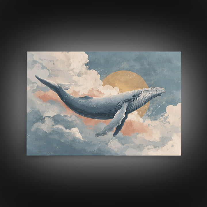 Whale Flying Through Clouds Like Ocean Framed Canvas Print, Whimsical Art, Watercolor Art, Living Room Decor, Wonder, WHI-3x2-65