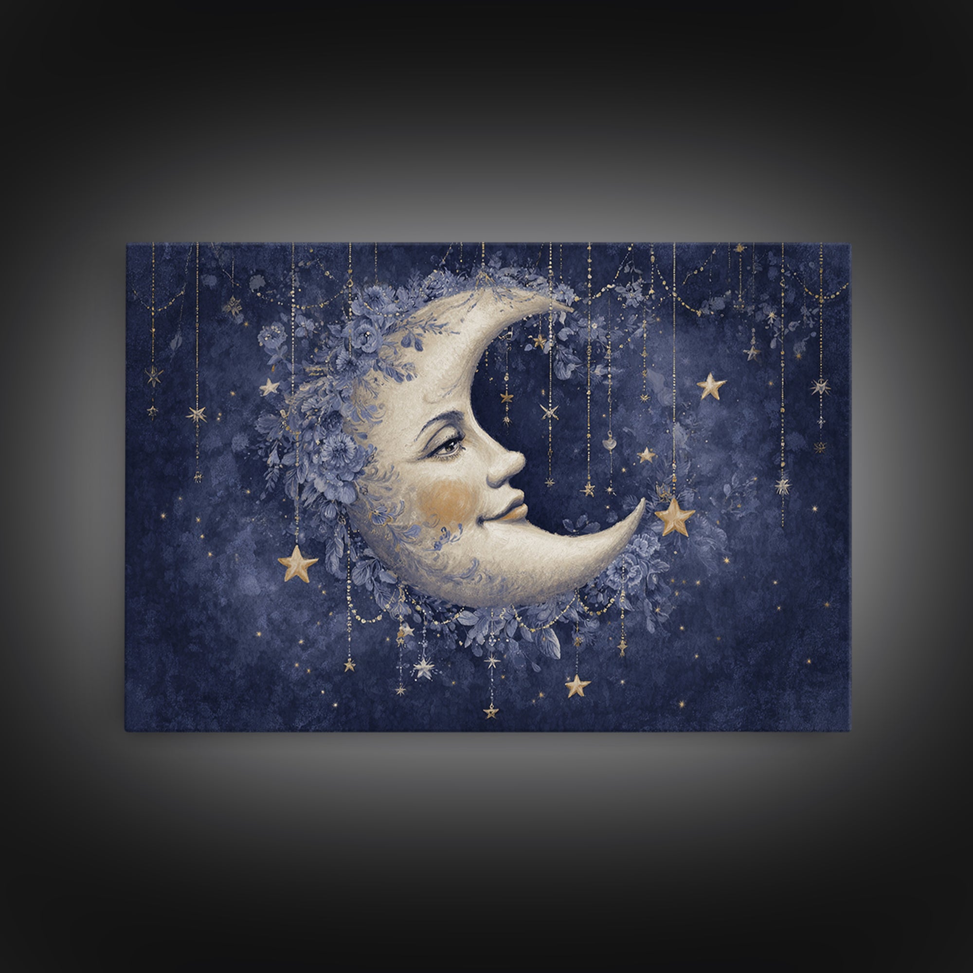 Moon with Sleeping Face and Dangling Stars Canvas Print, Whimsical Art, Minimalist Decor, Living Room Decor, Fine Art, Wonder, WHI-3x2-68