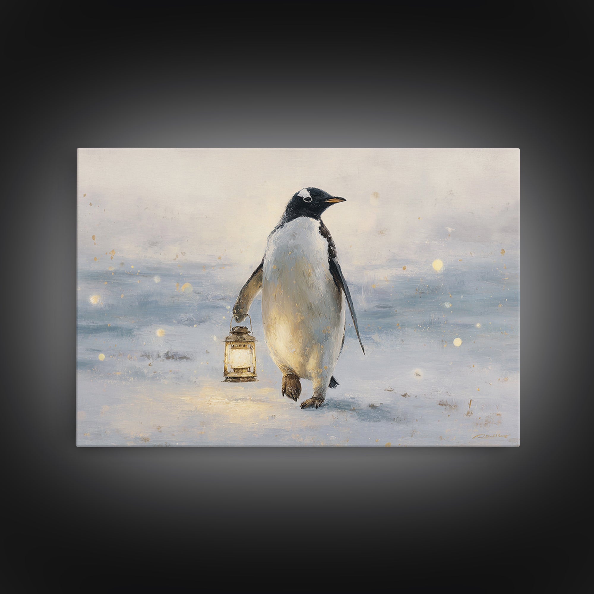 Penguin Holding a Lantern Framed Canvas Print, Whimsical Art, Gallery Decor, Living Room Decor, Fine Art, Wonder, Wall Art, WHI-3x2-69