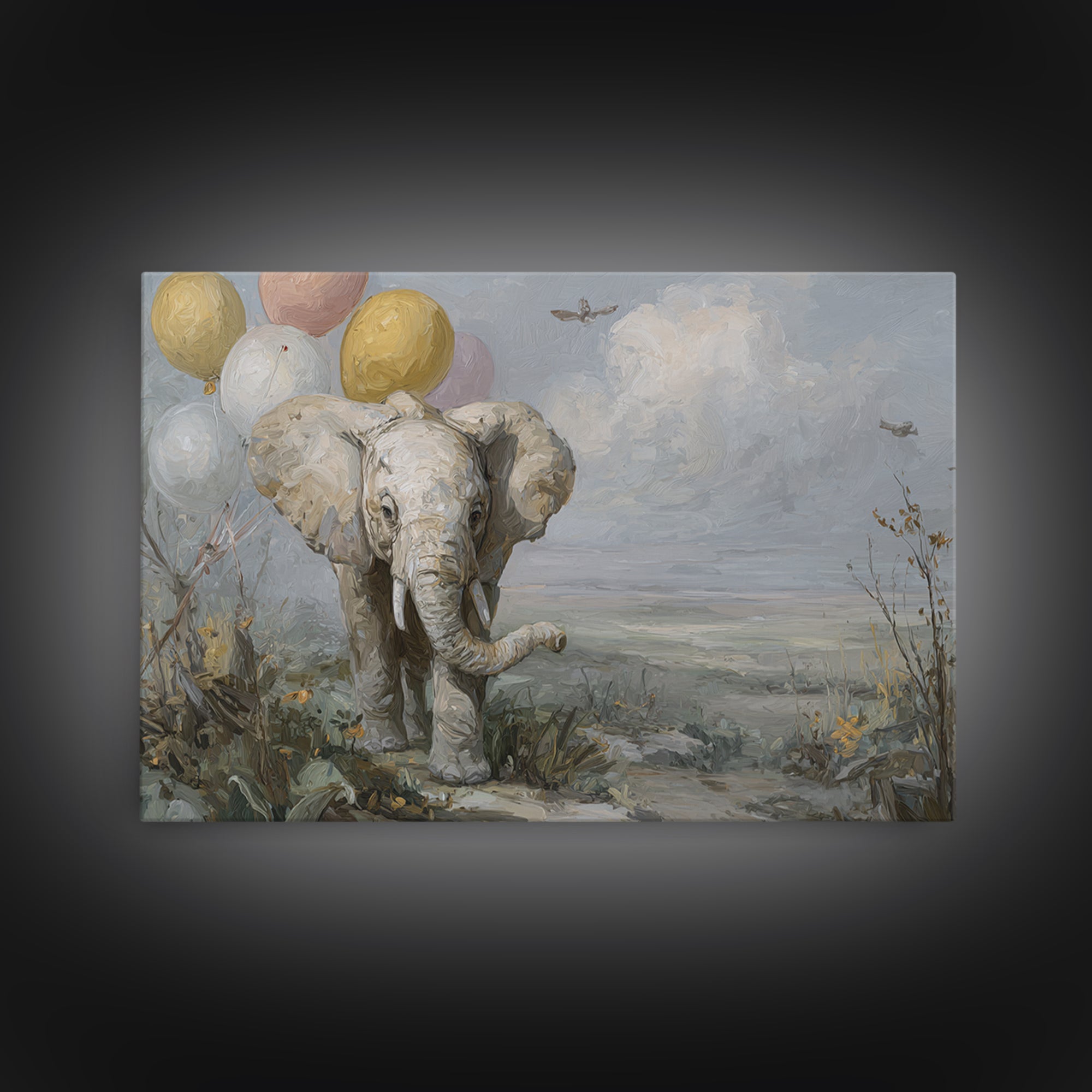 Elephant Holding Balloons Framed Canvas Print, Whimsical Art, Art Nouveau, Living Room Decor, Abstract Art, Wonder, WHI-3x2-7