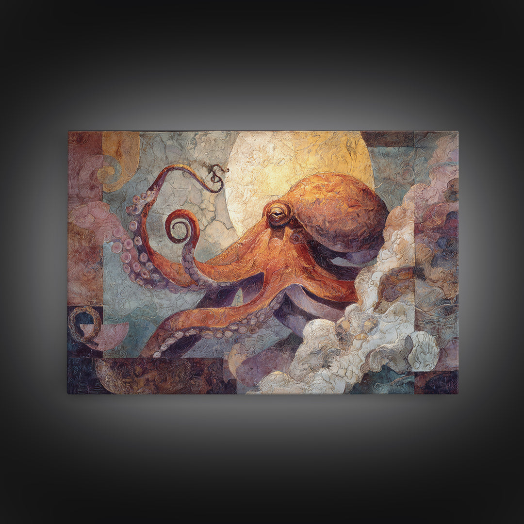 Octopus Conductor with Tiny Instruments Framed Canvas Print, Whimsical Art, Dark Academia Decor, Living Room Decor, Wonder, WHI-3x2-70