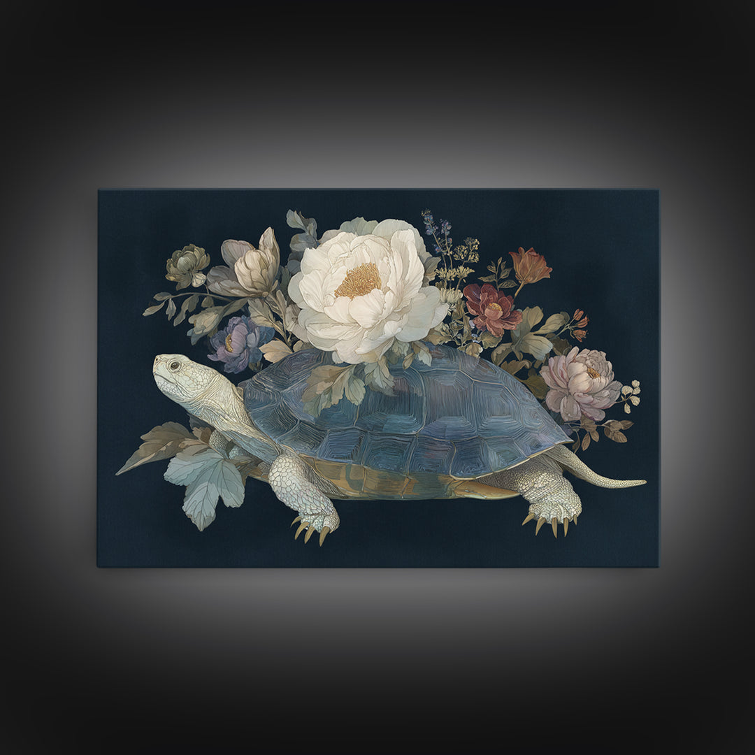 Turtle with Garden Growing on Shell Framed Canvas Print, Whimsical Art, Dopamine Decor, Living Room Decor, Fine Art, Wonder, WHI-3x2-74