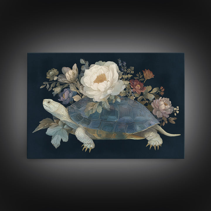 Turtle with Garden Growing on Shell Framed Canvas Print, Whimsical Art, Dopamine Decor, Living Room Decor, Fine Art, Wonder, WHI-3x2-74