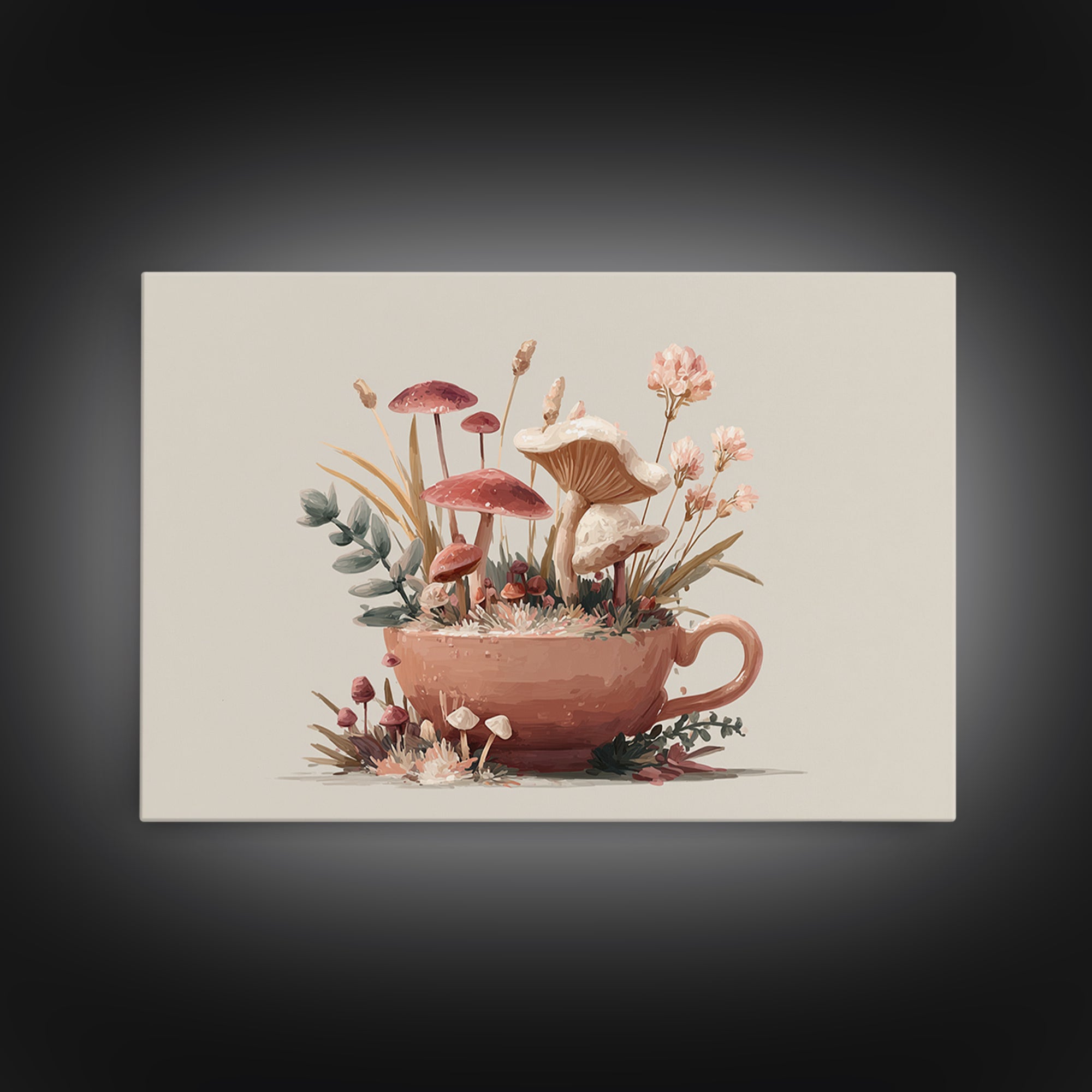 Teacup Garden with Tiny Mushrooms Framed Canvas Print, Whimsical Art, Dopamine Decor, Living Room Decor, Fine Art, Wonder, WHI-3x2-8