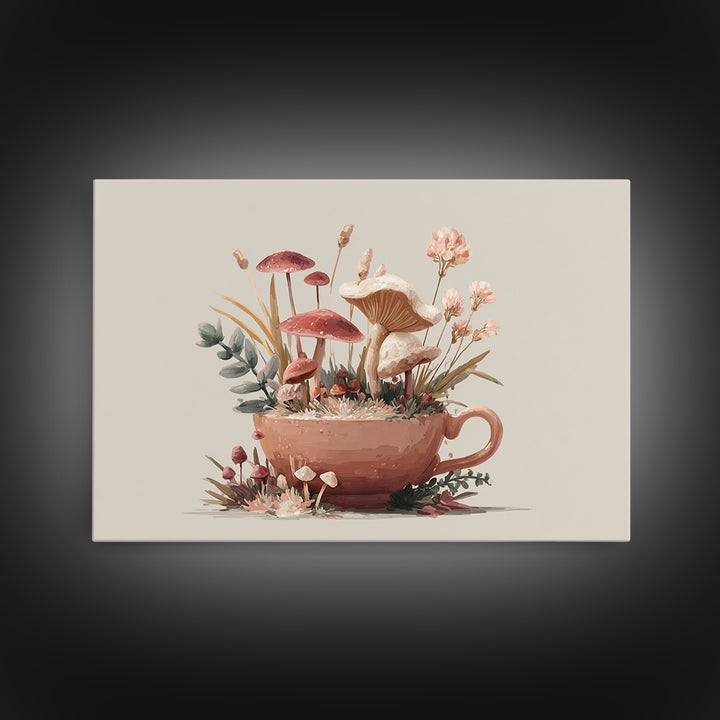 Teacup Garden with Tiny Mushrooms Framed Canvas Print, Whimsical Art, Dopamine Decor, Living Room Decor, Fine Art, Wonder, WHI-3x2-8