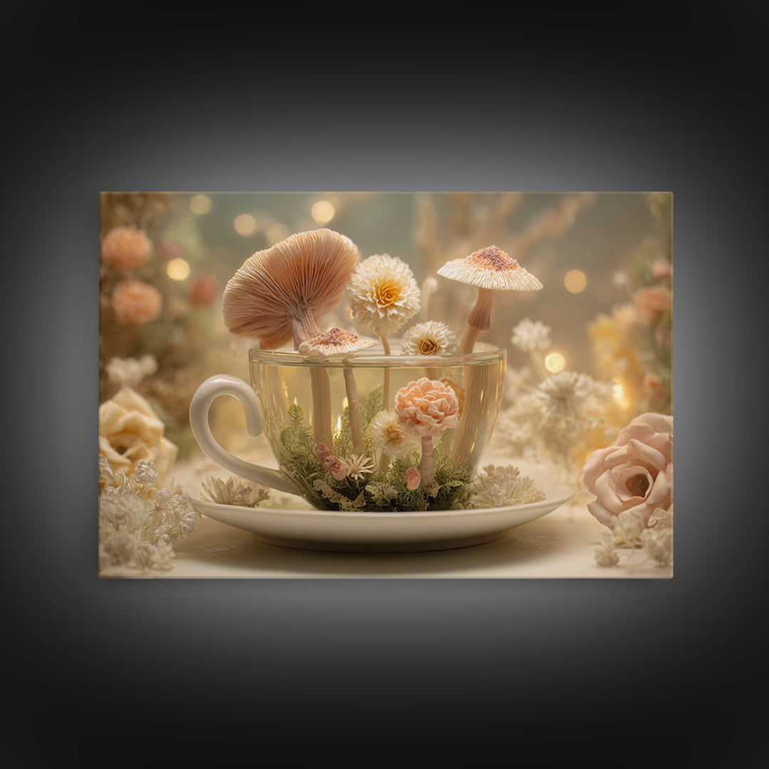 Teacup Garden with Tiny Mushrooms Framed Canvas Print, Whimsical Art, Home Decor, Living Room Decor, Fine Art, Wonder, WHI-3x2-80