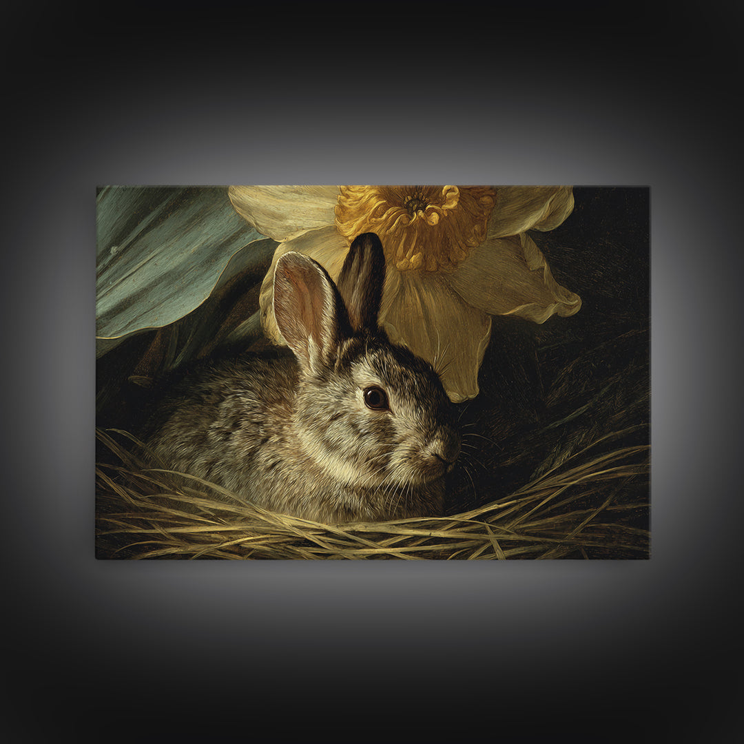 Rabbit Reading Beneath a Giant Flower Framed Canvas Print, Whimsical Art, Fine Art Print, Living Room Decor, Watercolor Art, WHI-3x2-81