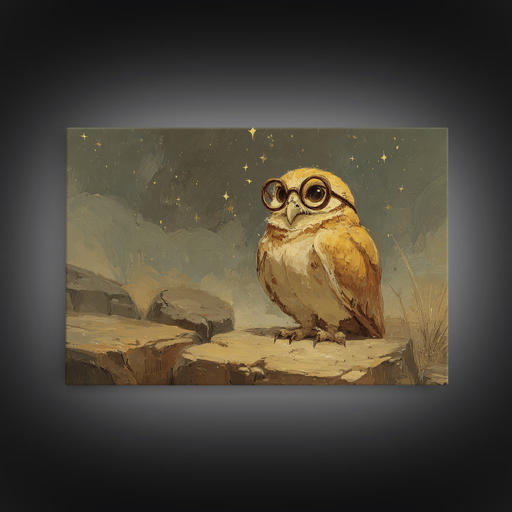 Owl Wearing Spectacles Among Stars Framed Canvas Print, Whimsical Art, Nursery Prints, Living Room Decor, Oil Painting, Wonder, WHI-3x2-82