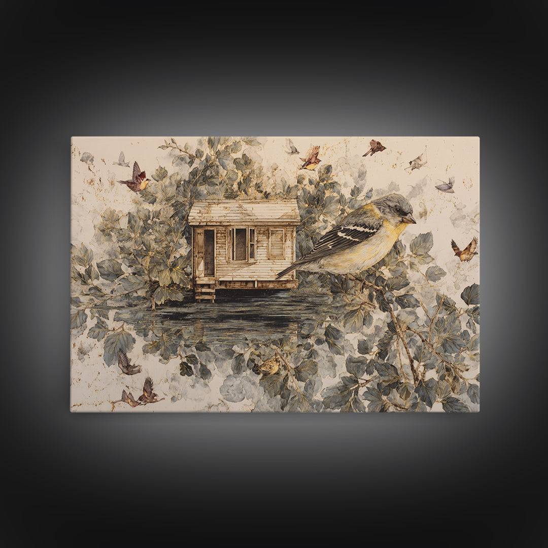 Floating House Carried by Colorful Birds Canvas Print, Whimsical Art, Framed Wall Art, Living Room Decor, Fine Art, Wonder, WHI-3x2-83