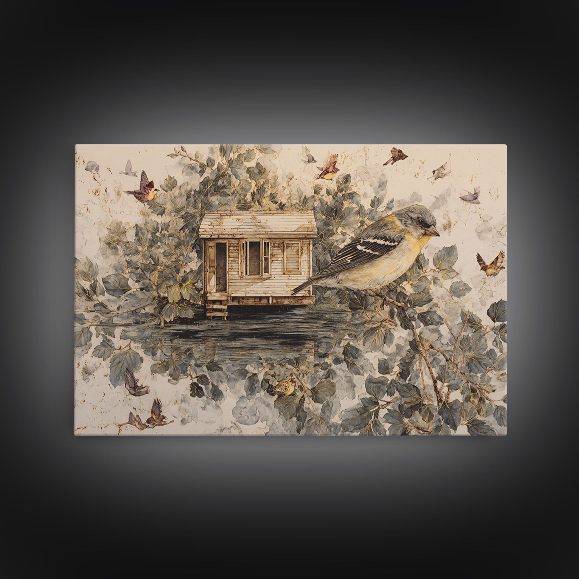 Floating House Carried by Colorful Birds Canvas Print, Whimsical Art, Framed Wall Art, Living Room Decor, Fine Art, Wonder, WHI-3x2-83
