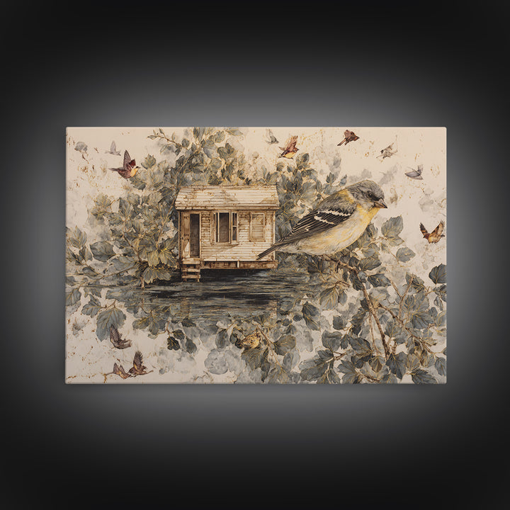 Floating House Carried by Colorful Birds Canvas Print, Whimsical Art, Framed Wall Art, Living Room Decor, Fine Art, Wonder, WHI-3x2-83