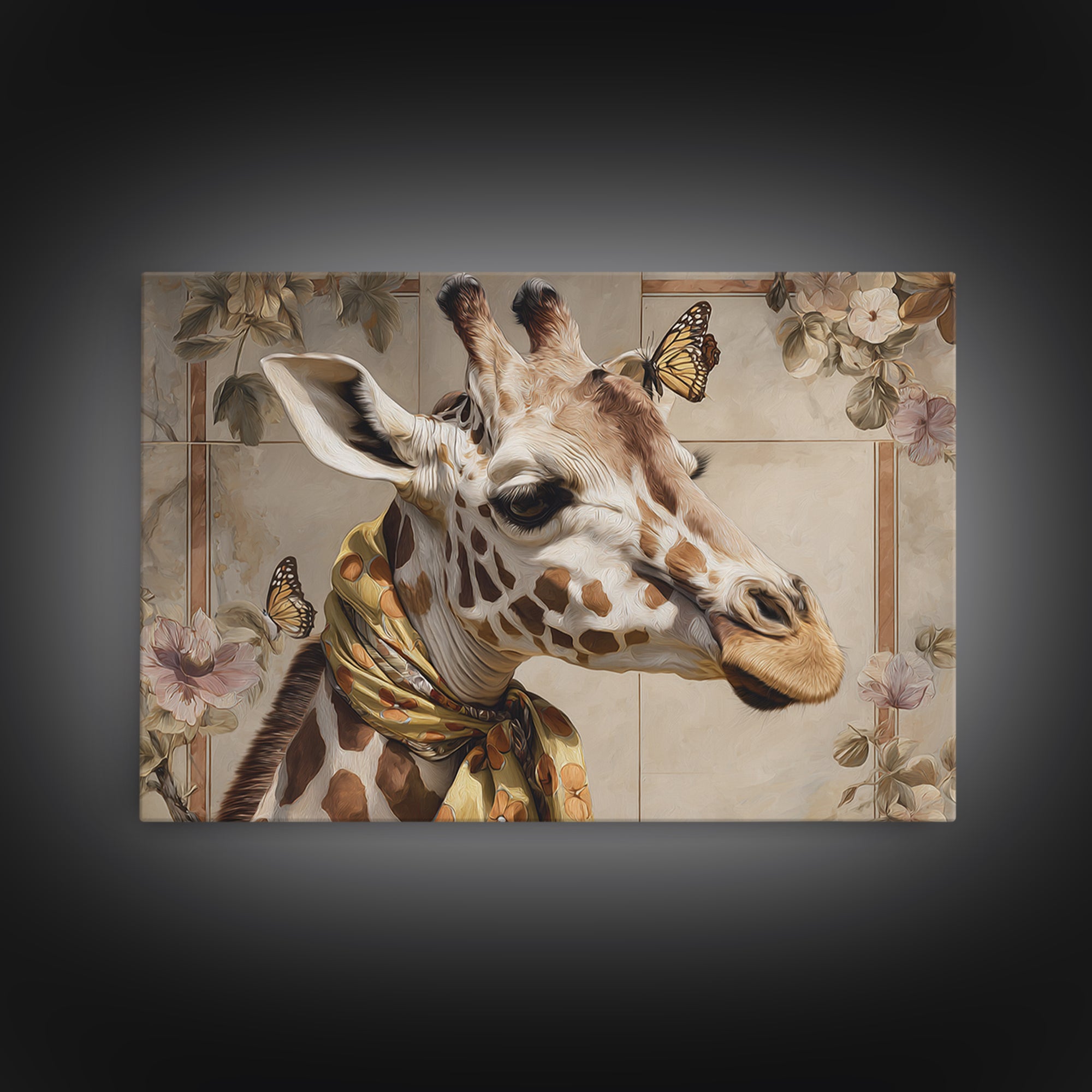 Giraffe with Scarf and Butterflies Framed Canvas Print, Whimsical Art, Nursery Wall Decor, Living Room Decor, Fine Art, Wonder, WHI-3x2-86