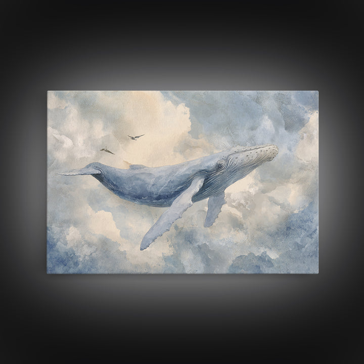 Whale Flying Through Clouds Like Ocean Canvas Print, Whimsical Art, Boho Decor, Living Room Decor, Wonder, Digital Art, WHI-3x2-89