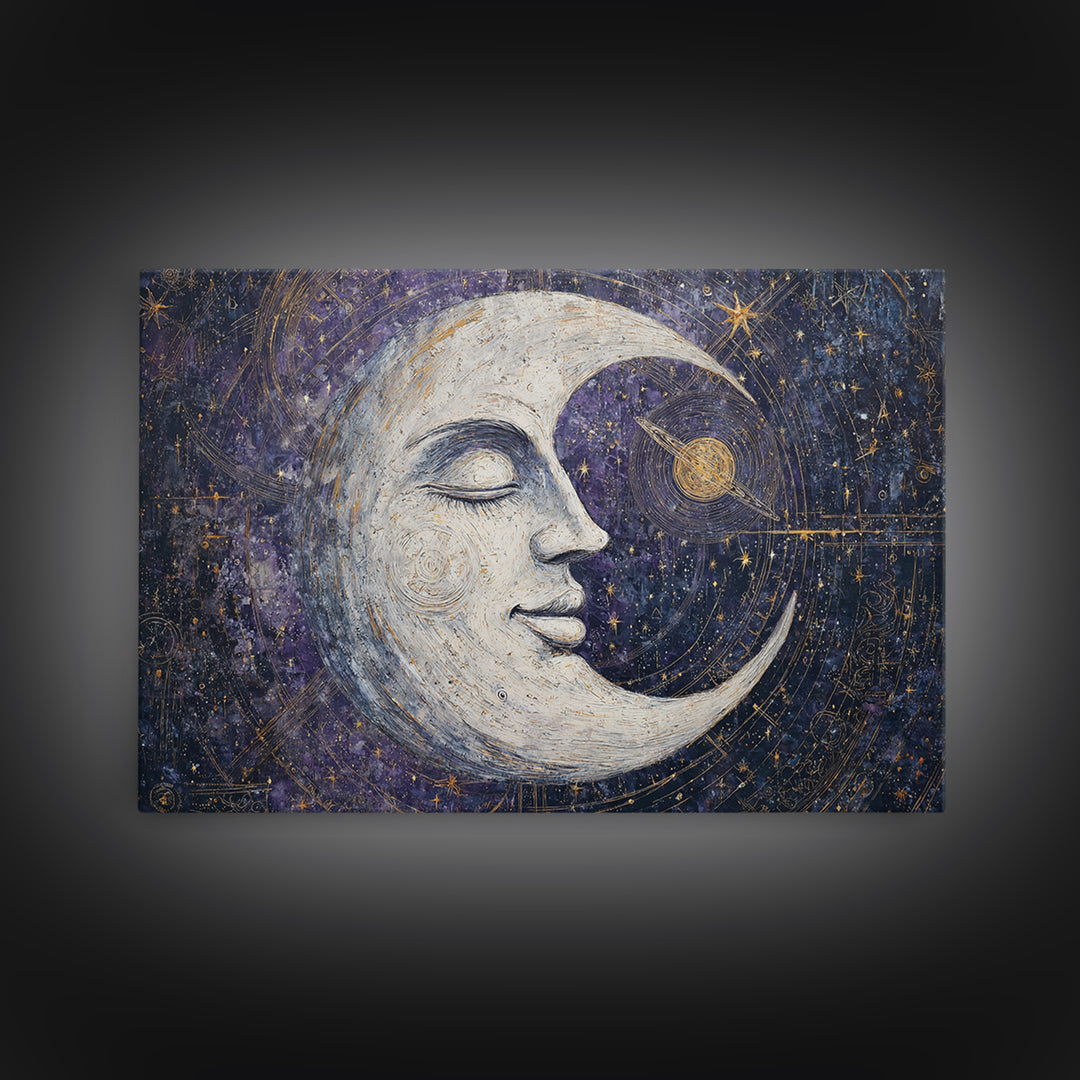 Moon with Sleeping Face and Dangling Stars Framed Canvas Print, Whimsical Art, Art Print, Living Room Decor, Fine Art, Wonder, WHI-3x2-92