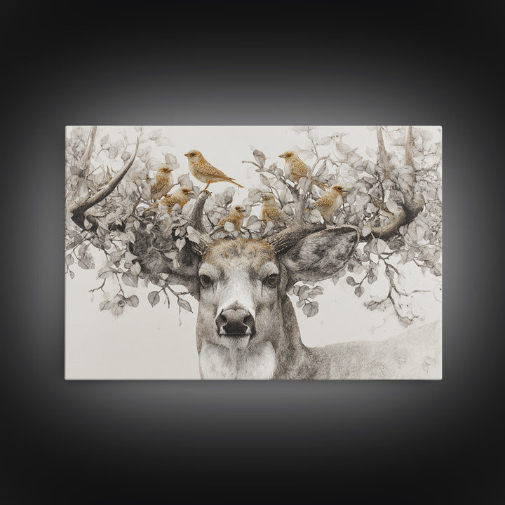 Deer with Antlers Full of Birds Framed Canvas Print, Whimsical Art, Original Art, Living Room Decor, Fine Art, Wonder, WHI-3x2-95