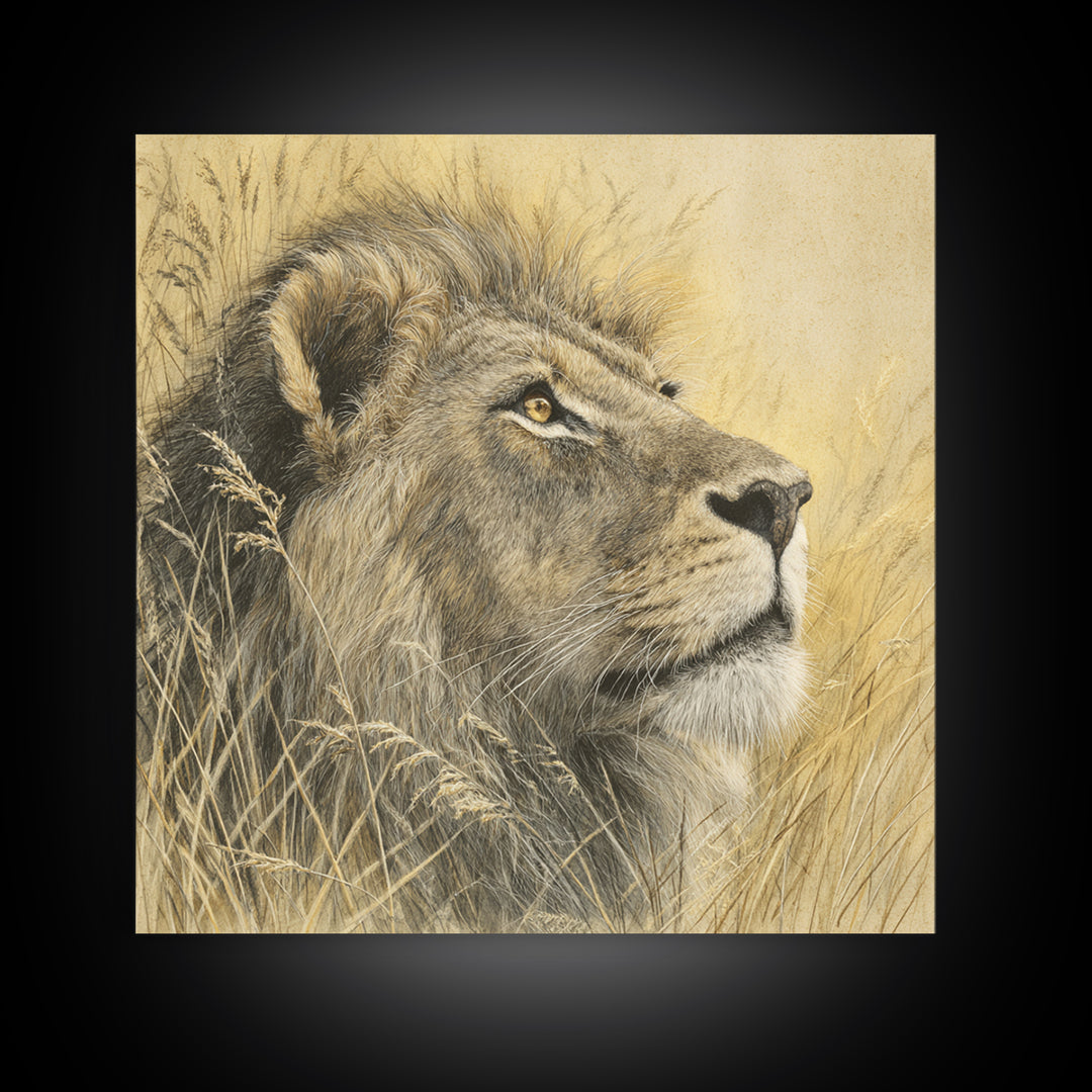 Lion Emerging from Golden Savanna Grass Framed Canvas Print, Wildlife Art, Rustic Home Decor, Living Room Decor, Fine Art, Wild, WIL-1x1-1