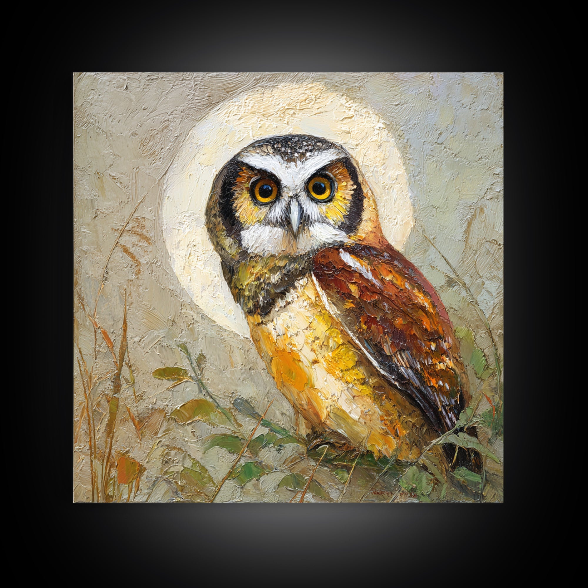 Owl Perched in Moonlit Woodland Framed Canvas Print, Wildlife Art, Wall Decor, Living Room Decor, Wild, Living Room Wall Art, WIL-1x1-12